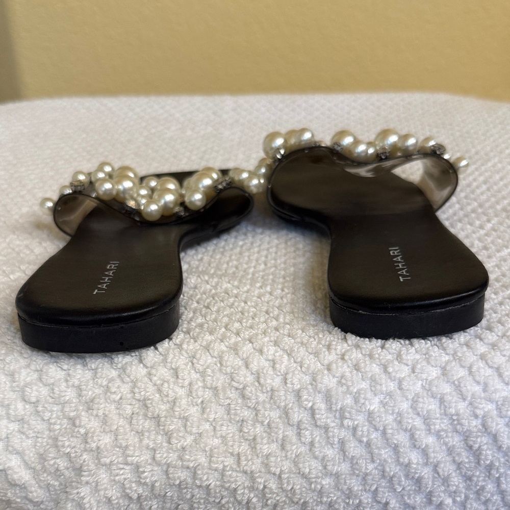 Tahari Black Slide Sandals with Pearl & Crystal Accents - Picture 3 of 7
